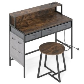Escritorio para computadora con tomas de corriente, tocador y taburete, soporte para monitor, cajones de tela y bolsillos, marrón