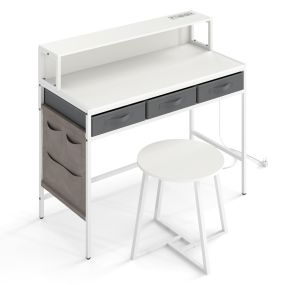Escritorio para computadora con tomas de corriente, tocador y taburete, soporte para monitor, cajones de tela y bolsillos, blanco