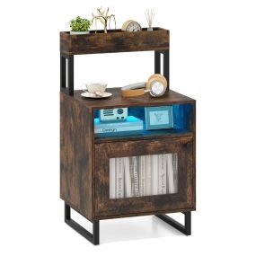 Mesita de Noche con Luces LED Mesa Auxiliar Moderna con Bandeja Superior Estructura Metálica 45 x 40 x 80 cm Marrón Rústico