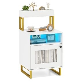 Mesita de Noche con Luces LED Mesa Auxiliar Moderna con Bandeja Superior Estructura Metálica 45 x 40 x 80 cm Blanco