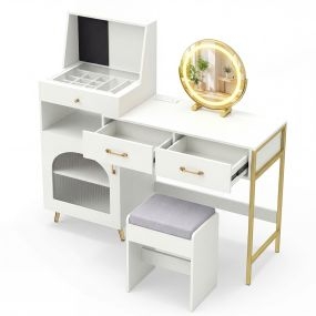 Tocador con espejo y luces ajustables, mesa de vidrio, 3 cajones, ranuras para anillos, ganchos, puerta y taburete blanco