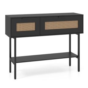 Mesa Auxiliar Estrecha de Ratán PE Estilo Bohemio con Puertas Estantes y Estructura Metálica Negro Madera para Salón o Recibidor