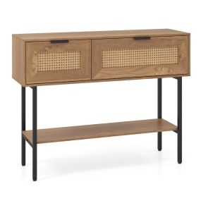 Mesa Auxiliar Estrecha de Ratán PE Estilo Bohemio con Puertas Estantes y Estructura Metálica Color Madera Natural para Salón o Recibidor
