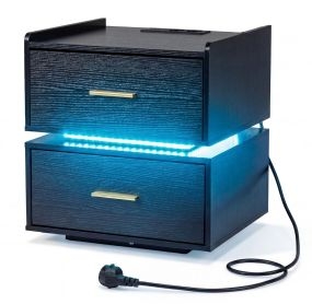 Mesita de Noche con Estación de Carga LED 2 Cajones Almacenamiento Semi-flotante Base Metal para Salón Dormitorio Negro