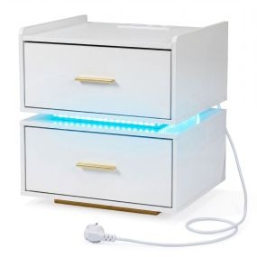 Mesita de Noche con Estación de Carga LED 2 Cajones Almacenamiento Semi-flotante Base Metal para Salón Dormitorio Blanco