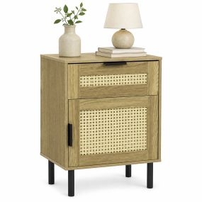 Mesa de Noche con Cajón y Puerta de Ratán Gran Capacidad de Almacenamiento Estructura Resistente Robusta 46 x 32 x 63 cm Madera Natural