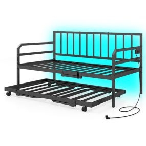 Sofá Cama Individual con Luces LED Base Metálica y Cama Nido Extraíble Estación de Carga Incorporada Negro