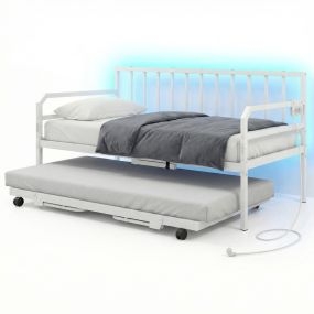 Sofá Cama Individual con Luces LED Base Metálica y Cama Nido Extraíble Estación de Carga Incorporada Blanco