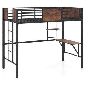 Cama loft industrial con barandillas protectoras, espacio inferior para escritorio, negro y marrón