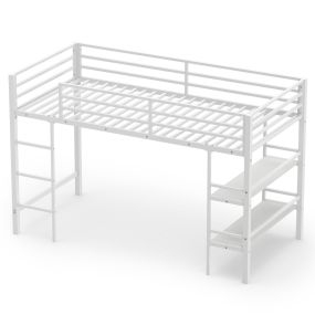 Cama Alta Infantil con Estantes para Almacenaje Marco Metálico Resistente Barandilla de Protección Segura 196 x 96 x 126 cm Blanco