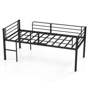 Cama Individual Tipo Altillo Baja Estructura Metálica con Barandillas de Seguridad y 2 Escaleras Listones Metálicos Resistentes Negro