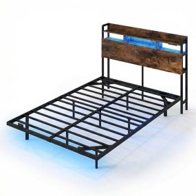 Cama flotante doble de metal industrial con LED, cabecero y almacenaje 200x140 cm