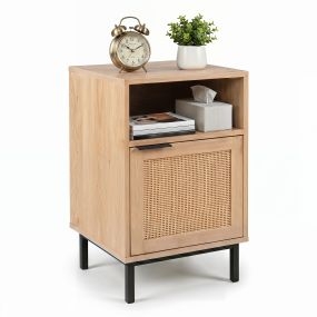 Mesita de Noche de Madera de Ingeniería con Puerta de Ratán y Estante Abierto Almacenaje Doble para Dormitorio 40 x 35 x 65,5 cm Natural
