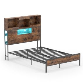 Marco de Cama Doble de Madera y Metal con Luz LED y Puertos de Carga Capacidad 300 kg Muy Robusto 221 x 142 x 141,5 cm Negro+Marrón
