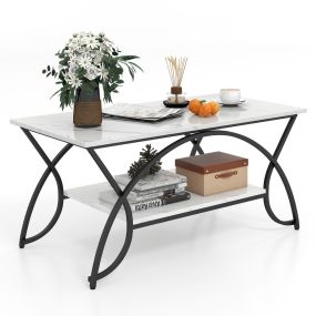 Mesa de Centro Moderna Imitación de Mármol Mesa Baja 2 Niveles Marco de Metal Estante para Salón 100 x 50 x 45 cm-Negro+Blanco