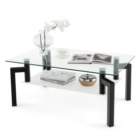 Mesa de Centro de Cristal Rectangular Moderna de 2 Niveles Tablero Estante de Vidrio Templado Mesa Baja para Salón 100 x 60 x 43 cm Negro