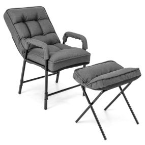 Silla Moderna con Otomana Sillón de Tela de Lino con Respaldo Ajustable y Marco de Metal Reposapiés Tapizados para Dormitorio Gris