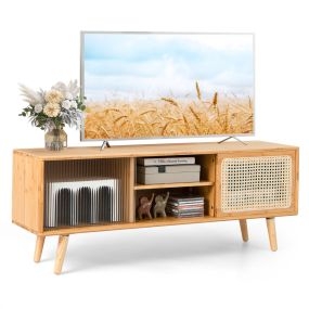 Soporte de TV de Bambú Moderno hasta 55'' Centro de Entretenimiento Puertas Deslizantes de Mimbre Estante 120,5 x 31 x 45.5 cm Natural