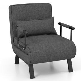 Sofá Cama Convertible Plegable Silla de Dormir Individual Respaldo Ajustable Cojín Desmontable Almohada Tapizado de Hogar Oficina Gris Oscuro