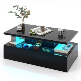 Mesa de Café LED de 2 Niveles con Colores de Luz Ajustables en Rectangular Contemporánea para Sala de Estar 110 x 60 x 40 cm Negro