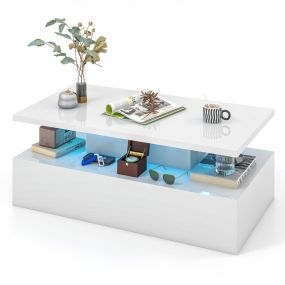 Mesa de Café LED de 2 Niveles con Colores de Luz Ajustables en Rectangular Contemporánea para Sala de Estar 110 x 60 x 40 cm Blanco