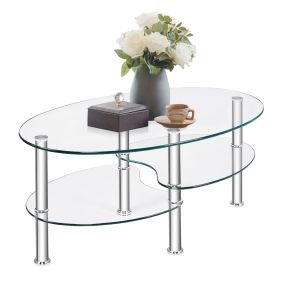 Mesa de Centro para Comedor Salón Mesa Baja de Vidrio Templado con 3 Capas de Almacenamiento 89 x 51 x 45,5 cm