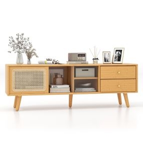 Mueble TV de bambú hasta 65" con puertas de cristal y PE ratán, 2 cajones, natural