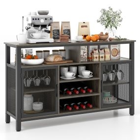 2 en 1 Aparador Buffet de Vinos para 8 Botellas y 6 Filas con Puertas de Malla Metálica para Cocina y Comedor 140 x 40 x 82,5 cm Gris