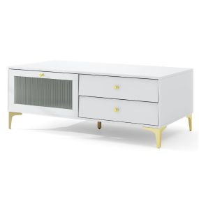 Soporte para TV de 55‘’ Consola para TV con Compartimento Cajones Puerta de Vidrio Templado Abatible y Patas Metálicas para Salón Blanco