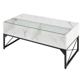 Mesa de Café LED de Alto Brillo Mesa Central con Superficie de Mármol Sintético y Vidrio Templado Mesa de Acento Moderna con 4 Cubos Blanco