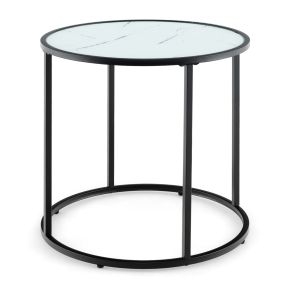 Mesa Lateral Redonda de 50 cm con Marco Metálico y Tablero de Vidrio Efecto Mármol Mesa de Café Moderno para Sala de Estar Negro y Blanco