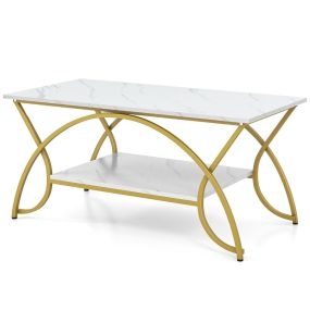 Mesa de Centro Moderna Imitación de Mármol Mesa Baja 2 Niveles Marco de Metal Estante para Salón 100 x 50 x 45 cm Blanco