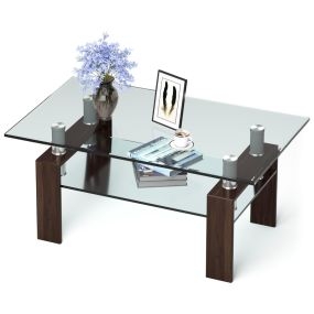 Mesa de centro rectangular con tablero de vidrio, patas metálicas y estante 99,5 x 59,5 x 44,5 cm marrón