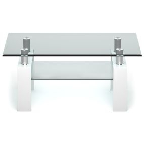 Mesa de centro de vidrio templado con estante inferior, estructura metálica, blanco, 99,5 x 59,5 x 44,5 cm