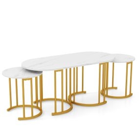 Juego de 3 mesas de café apilables con encimera de mármol sintético y estructura de metal dorado, blanco