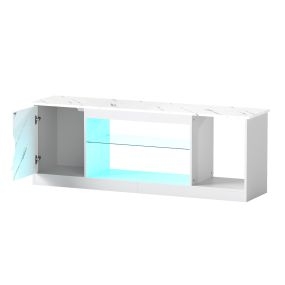 Mueble de TV blanco con luces LED, vidrio templado, estante ajustable y acabado mármol para 65 pulgadas 148 x 35 x 52,5 cm
