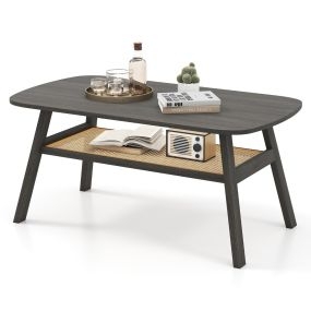 2 Niveles Mesa de Café Rectangular con Estante de Ratán y Patas de Madera de Goma para Sala de Estar Oficina 100 x 55 x 44,5 cm Gris Oscuro
