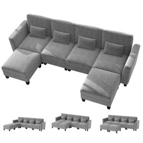 Sofá Seccional con 2 Otomanas Sofá Modular Cómodo en Forma de U con Puertos de Carga USB y Tipo C Almohadas Conjunto de Diván Gris