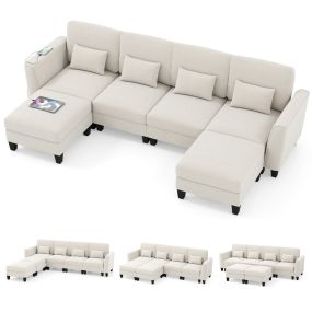 Sofá Seccional con 2 Otomanas Sofá Modular Cómodo en Forma de U con Puertos de Carga USB y Tipo C Almohadas Conjunto de Diván Blanco