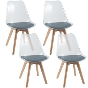 Set de 4 Sillas de Comedor Transparentes Sillas de Comedor Modernas sin Brazos con Respaldo Patas de Madera de Haya Cojín Suave Gris