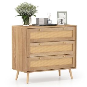 Cómoda de Ratán con 3 Cajones y Patas de Madera de Pino Estilo Bohemio para Dormitorio Sala de Estar o Entrada Natural