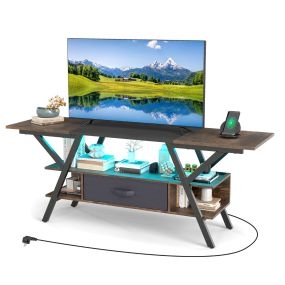 Mueble de TV de 140 cm Mesa de Televisor de 55-65 Pulgadas Consola de 3 Niveles con Luces LED Coloridos Ajustables Marrón y Negro