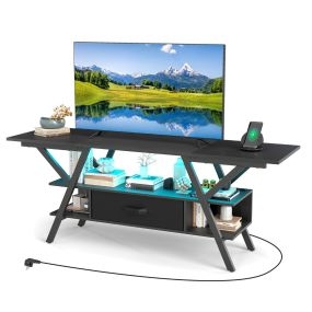 Mueble de TV de 140 cm Mesa de Televisor de 55-65 Pulgadas Consola de 3 Niveles con Luces LED Coloridos Ajustables Negro