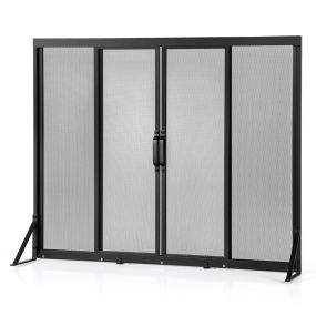 Pantalla Chimenea con Puertas Correderas y Cortafuegos Independiente con Malla Metálica Fácil Montaje para Sala de Estar 96 x 79 cm Negro