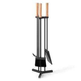 Juego de 4 Herramientas para Chimenea con Atizador Pala Cepillo y Base de Soporte Utensilios con Asa de Madera Negro y Natural