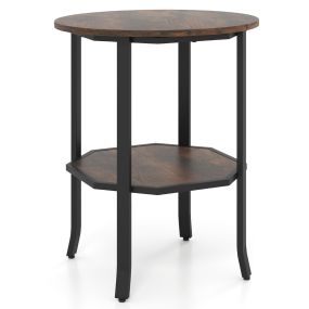 Mesa Auxiliar Redonda de 2 Niveles con Estante de Almacenamiento Mesa de Acento Industrial con Estructura Metálica Resistente Marrón