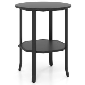 Mesa Auxiliar Redonda de 2 Niveles Industrial con Estante de Almacenamiento y Estructura Metálica para Sala o Dormitorio Negro