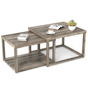 Juego de 2 Mesas de Centro Anidadas Mesas Auxiliares Rectangulares Apilables con Estante de Almacenamiento Estructura de Madera de Gris