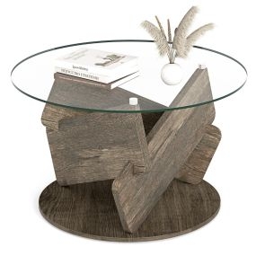 Mesa de Café Redonda de Vidrio Mesa de Centro Moderna de 81 cm con Tapa de Vidrio Templado Transparente Patas de Madera Sólida Mesa Gris