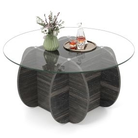 Mesa de Centro Redonda Mesa de Acento Moderna con Tapa de Vidrio Templado y Base de Madera Maciza Mesa Central Única Negro
